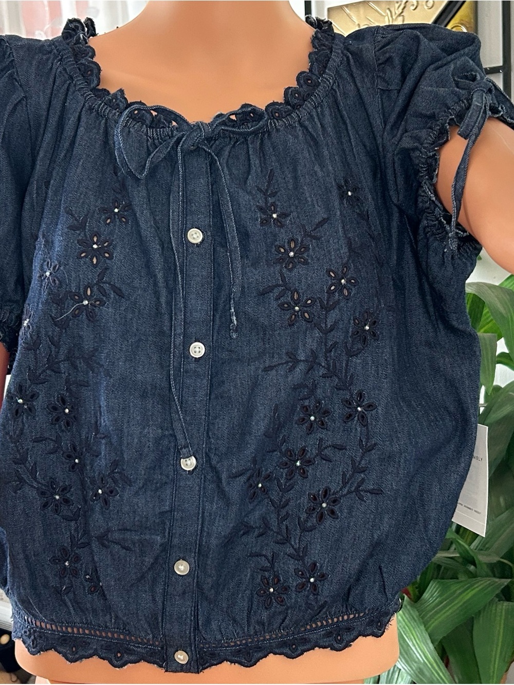 Womenβs Navy Embroidered Button-Front Top
